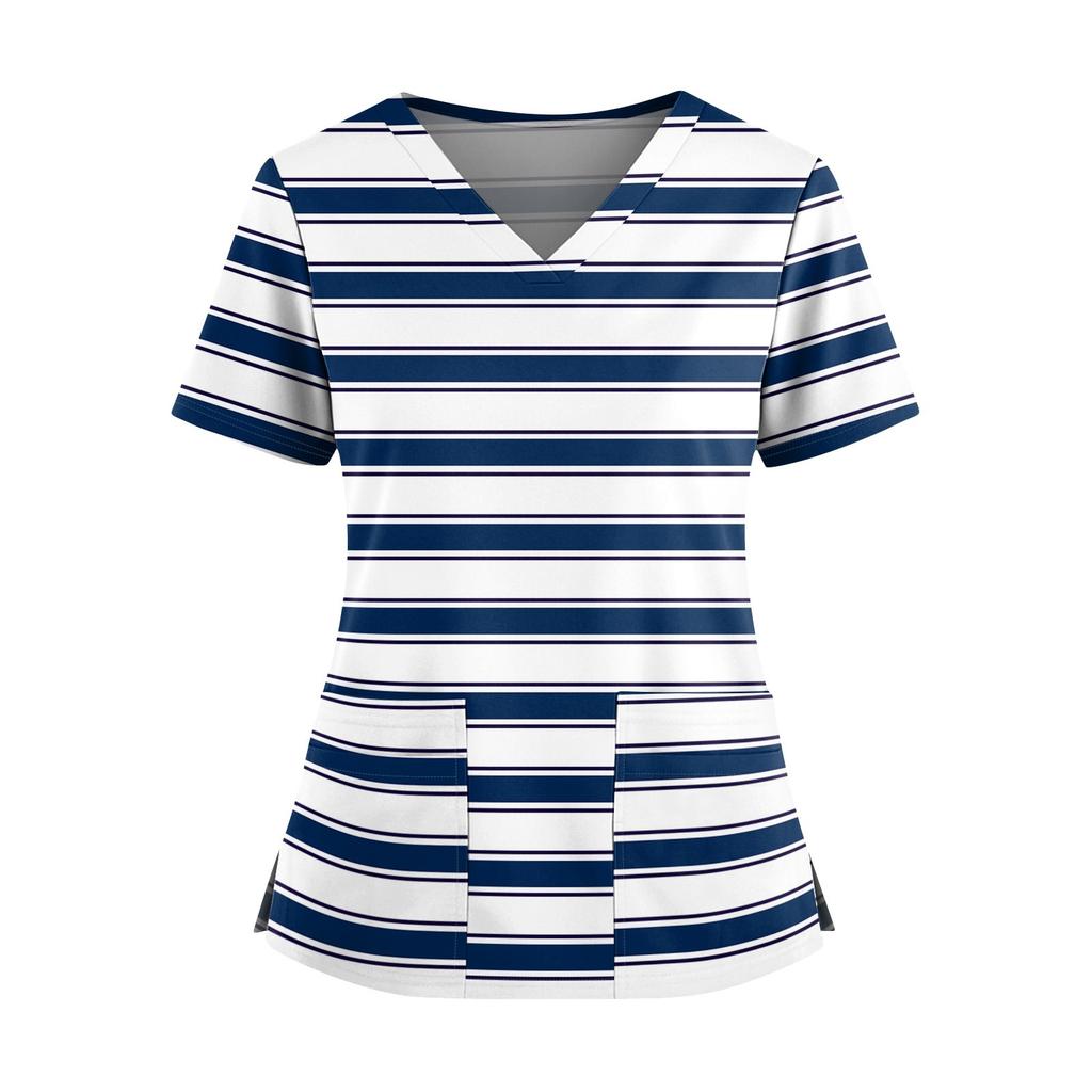 Women's Fashionable Printed V Neck Double Pocket Short Sleeved Shirt With Slit Hem Uniform And Worker Top