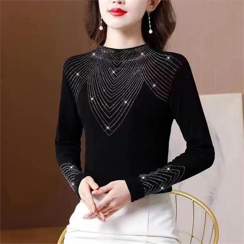 

Женская футболка с длинным рукавом и полувысоким воротом, облегающая, модная базовая вещь с горячей отделкой стразами, Осень/Зима 2024 M (40-55 kg)