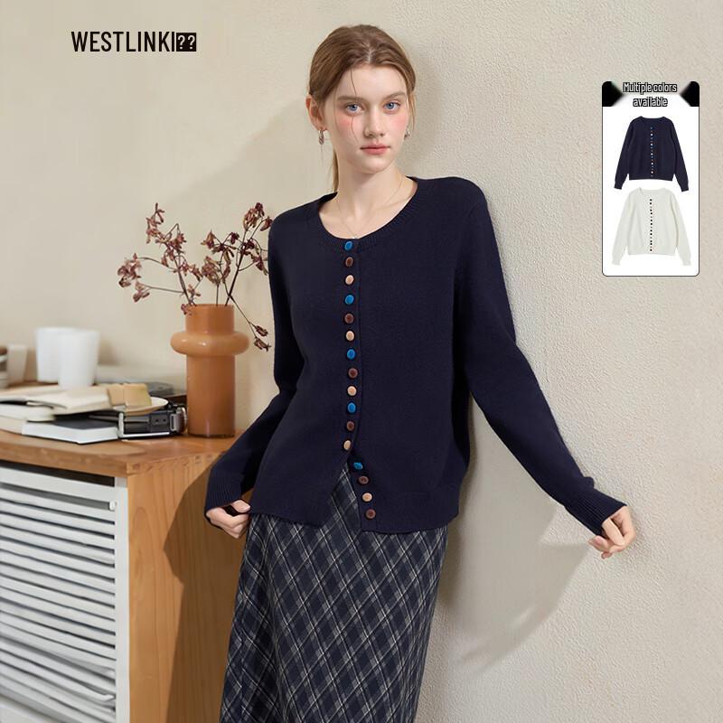 

Women s Round Neck Loose Knit Sweater with Colorful Buttons M