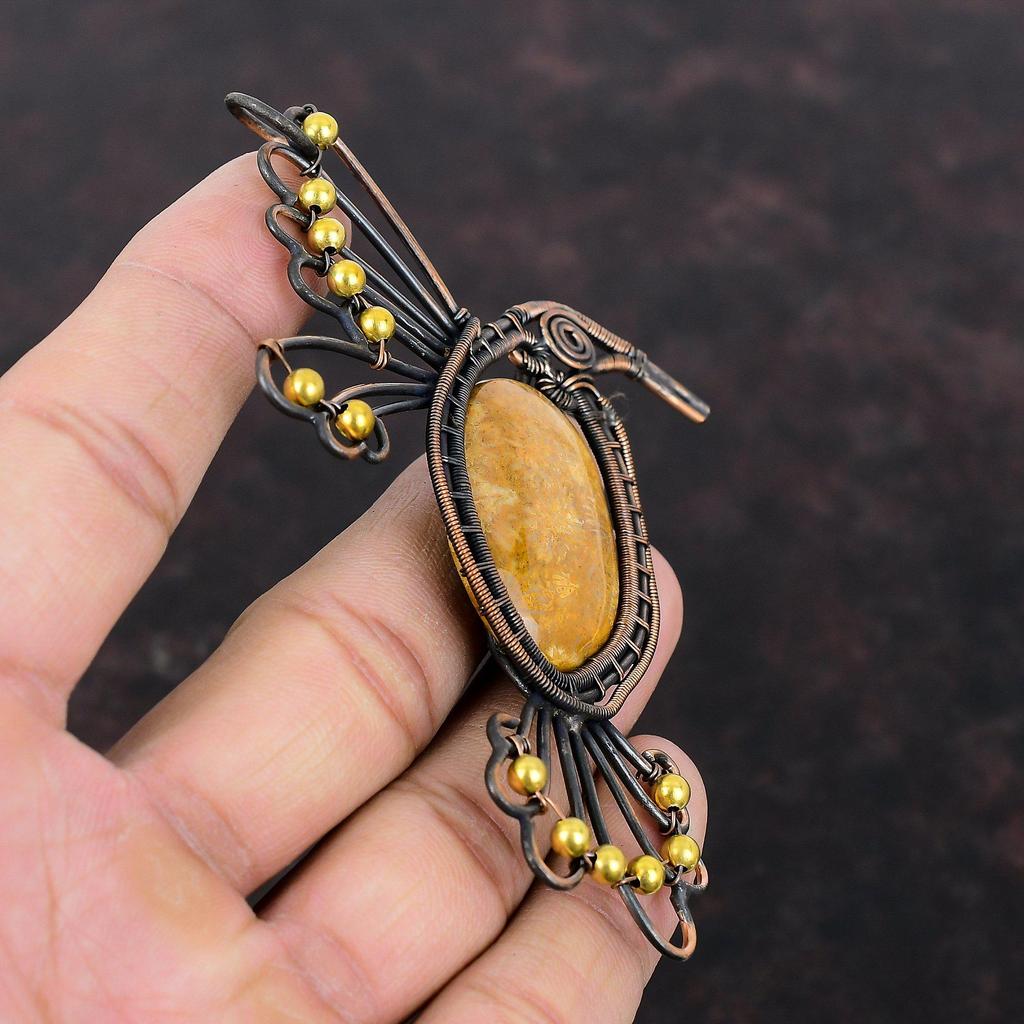 Fossil Coral Pendant Copper Wire Wrapped Pendant Gemstone Copper Jewelry Handmade Pendant Fossil Coral Jewelry Anniversary Gift Bird Pendant