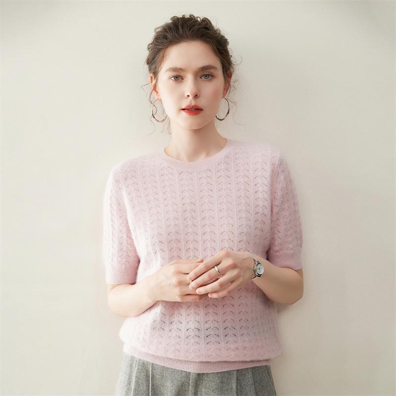 2026 Spring/Summer Women's Pure Cashmere Short Sleeve Round Neck Cable Knit Sweater Pullover Top