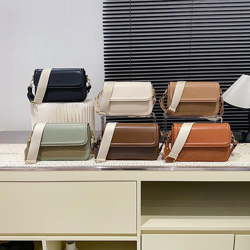 New simple solid color women's bag texture popular Japanese contrasting color shoulder bag niche foreign style messenger bag