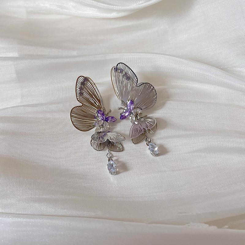 Purple Zircon Silver Color Hollow Butterfly Tassel Earrings For Women Fashionable Daily Accessory Party Birthday Gifts