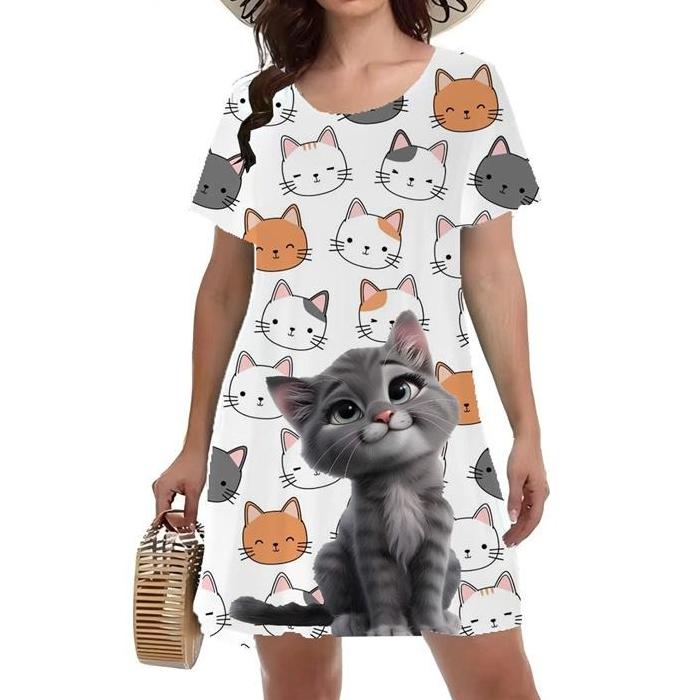 Summer Fashion Colorful Cat Printed Dress Ladies Loose Oversized Comfortable Leisure Breathable Dress