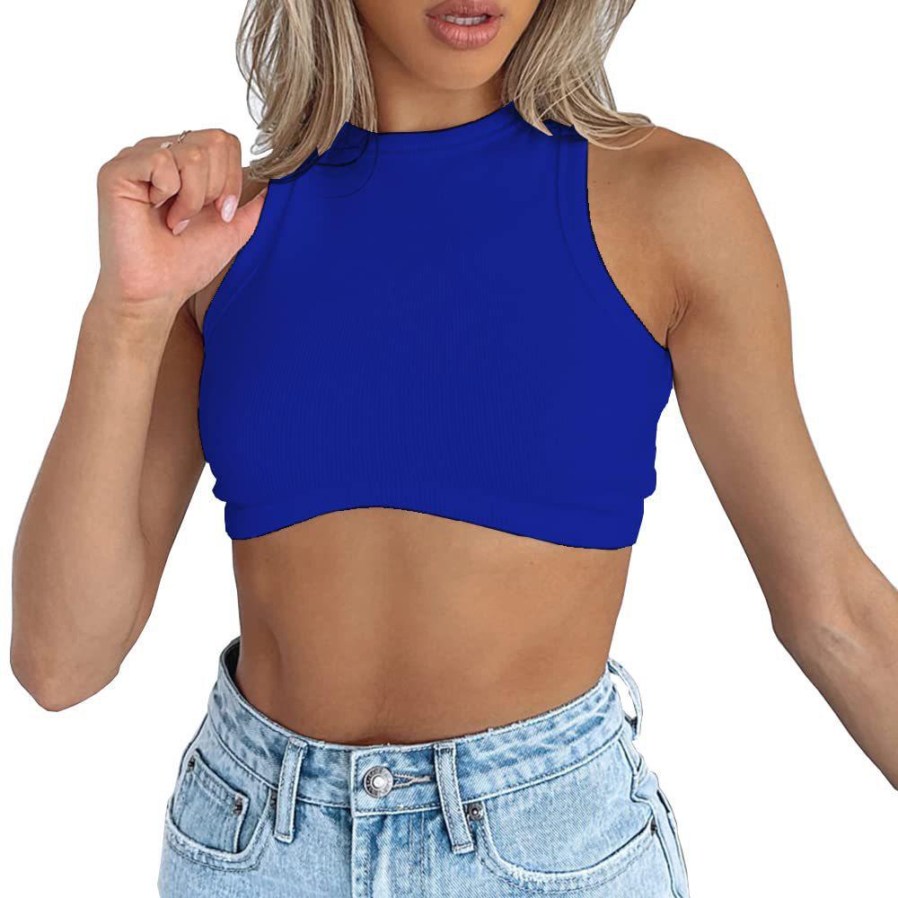 Dámský crop top bez rukávů z žebrovaného úpletu - Sexy styl s kulatým výstřihem