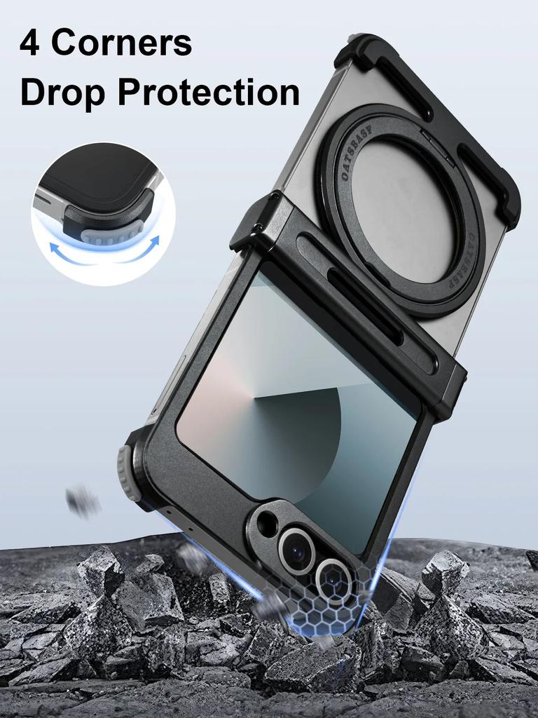 Oatsbasf Metal Frameless Phone Case for Samsung Galaxy Z Flip 7/6 with 360°Rotation Ring Stand Bumper Protective Z Flip 7 6 Case