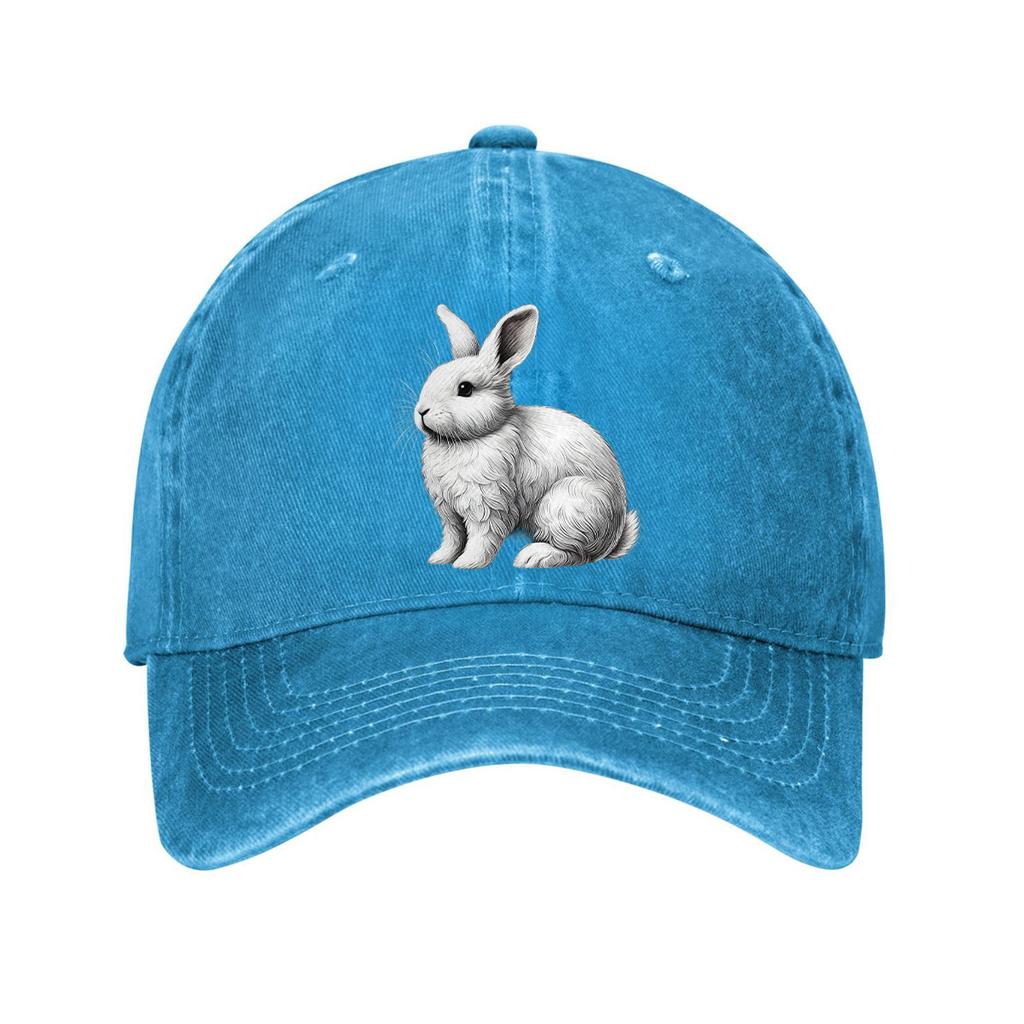 White Rabbit Graphic Baseball Cap Casual Cotton Adjustable Distressed Denim Outdoor Golf Hat