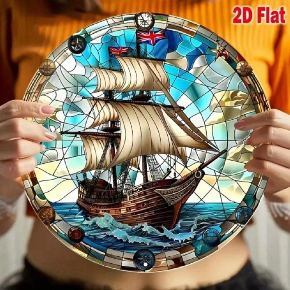Vintage Pirate Ship Round Metal Wall Art, Stained Glass Effect Aluminum Tin Sign, Tropical Nautical Decor 8x8
