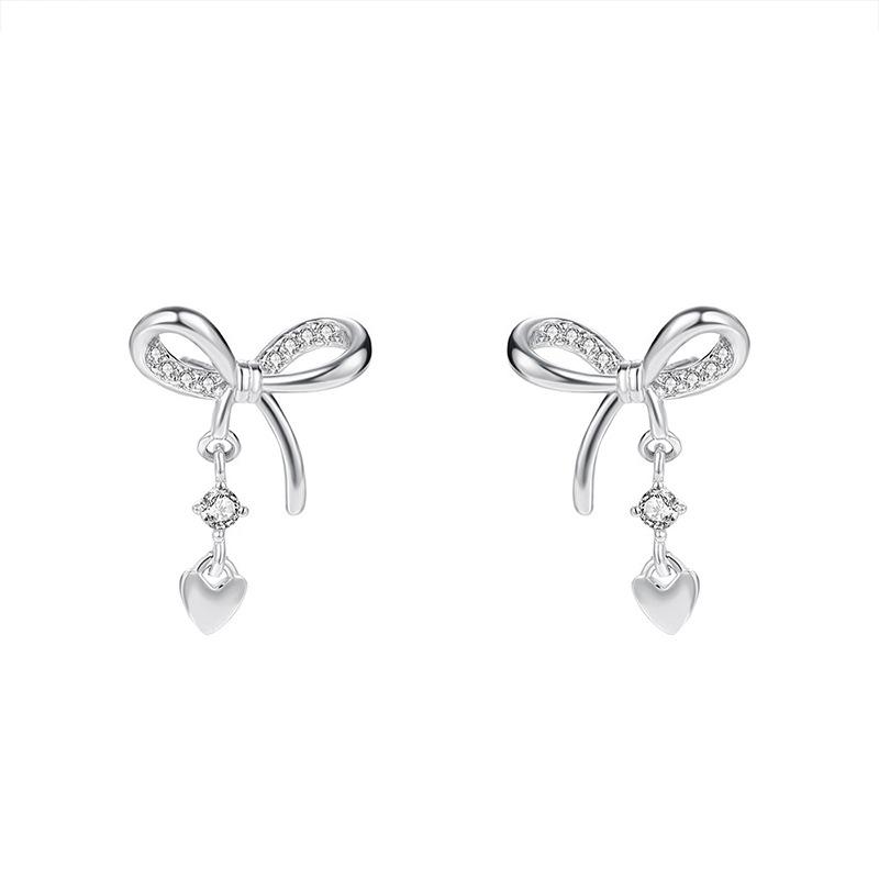 ANENJERY Bowknot Heart Zircon Pendant Earrings for Women Sweet French Delicate Luxury Design Simple Jewelry Gifts Wholesale