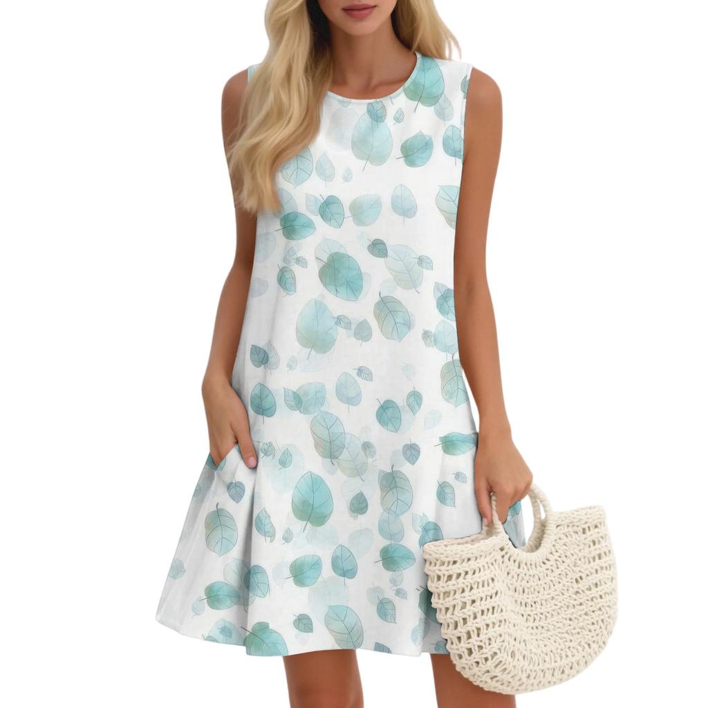 Women's Casual Fashion Breathable Round Neck Vest Floral Holiday Dress With Pockets