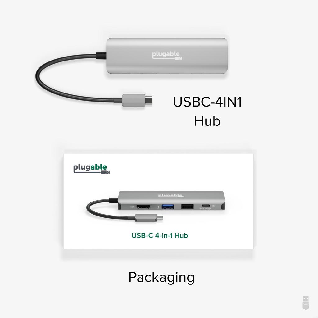 Plugable Hub with 100W 4K 60Hz HDMI Thunderbolt Compatible USB-C 4-in-1 Multi-Port Pass-Through Charging, Port, Windows, Mac, Chromebook,