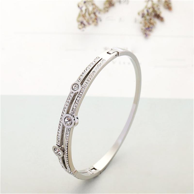 

Браслет из титановой стали, круглый, двухрядный, инкрустированный стразами серебряный