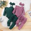 Baby Mädchen 3-teiliges Outfit Set Gerippte Baumwoll Bodys Stirnbänder Langarm Strampler Hose Schleife Neugeborene Kleinkind Kleidung Set für Mädchen