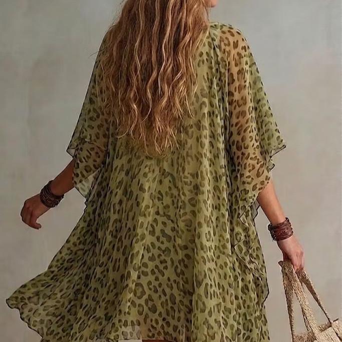 Leopard Print Summer Dress For Women With V Neck Chiffon Beach Coverup For Vacation