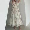 Vintage-Mode-Druckkleid aus Baumwolle und Leinen mit großem Saum, lockeres Design, V-Ausschnitt, kurze Ärmel, Damenkleider