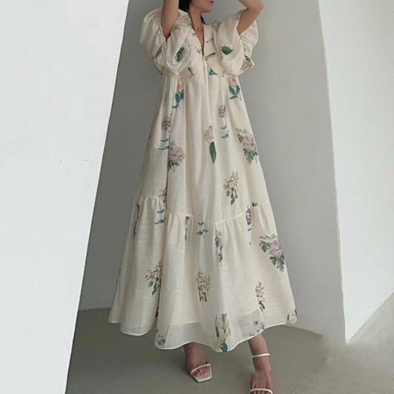 Vintage-Mode-Druckkleid aus Baumwolle und Leinen mit großem Saum, lockeres Design, V-Ausschnitt, kurze Ärmel, Damenkleider