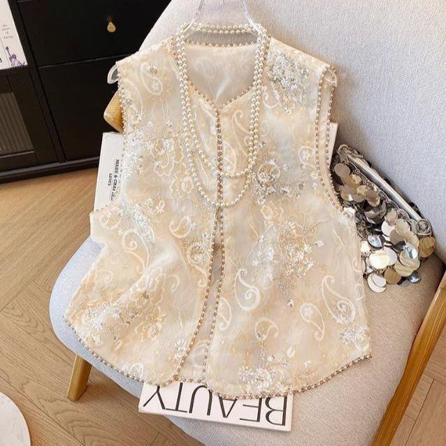 

2025 новый китайский летний вышитый тонкий жилет с пайетками и бисером, универсальный жилет-топ M (under 50kg recommended)