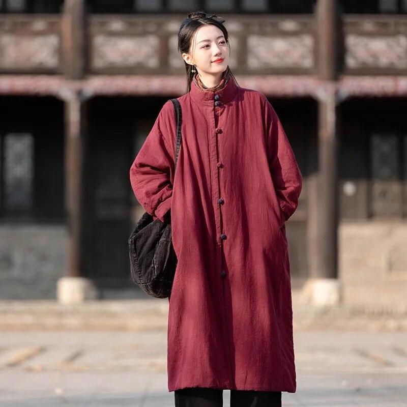 Johnature Frauen Chinesischen Stil Winter Parkas Einfarbig Taste Warme Mäntel Plus Baumwolle Frauen Vintage
