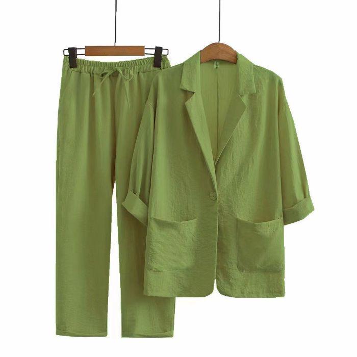 Completo Tuta Pantaloni in Lino Larghi con Vita Elastica e Giacca Sette Maniche Sud-Est Asiatico Taglie Forti
