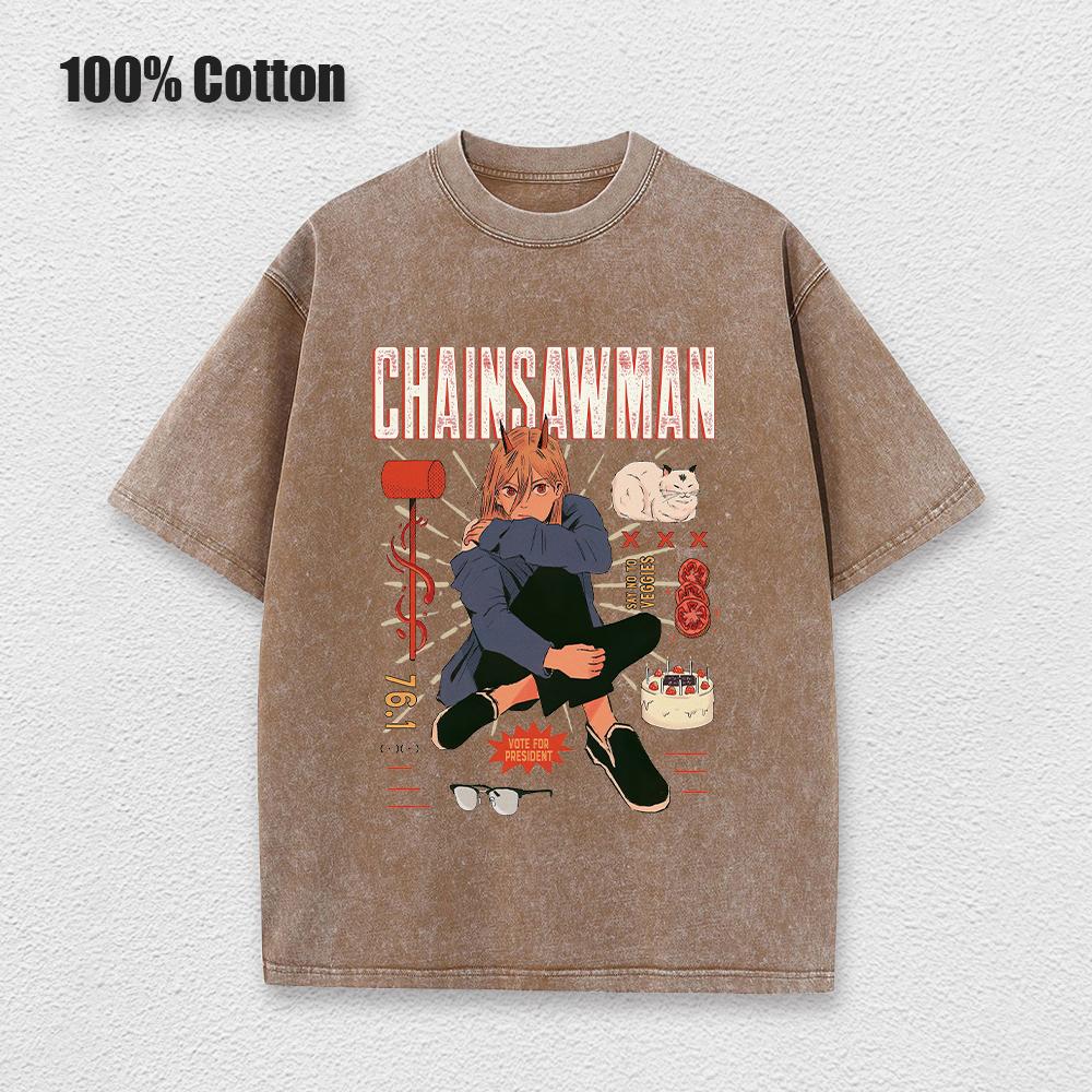 Anime Chainsaw Man Acidové tričko Retro Vintage Prané Tištěné Grafické Tričko Pánské Bavlněné Ležérní Tričko s Krátkým Rukávem Topy