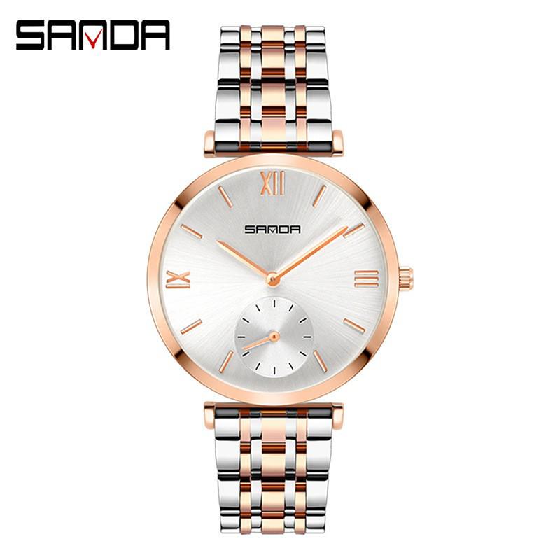 Sanda Trendy Diamond Roman Numeral Couple Watches - Steel Band, Waterproof Women's Wristwatch