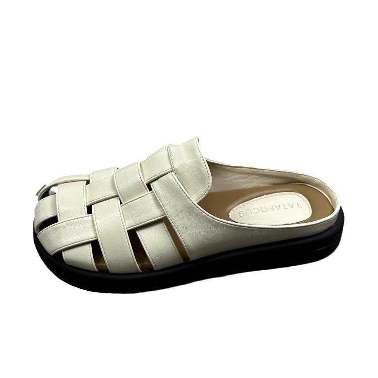 Leather bag head half slippers women's summer wear 2025 new retro woven hollow thick bottom one pedal Lazy Muller
