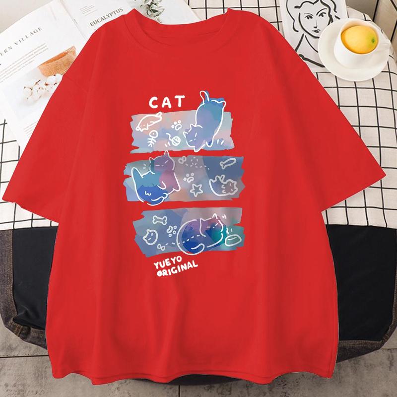 Fun Mischievous Cat Print Japanese Style T-Shirts Men Women Fashion Tshirs Breathable Summer T-Shirts Cotton Loose Tee Clothes