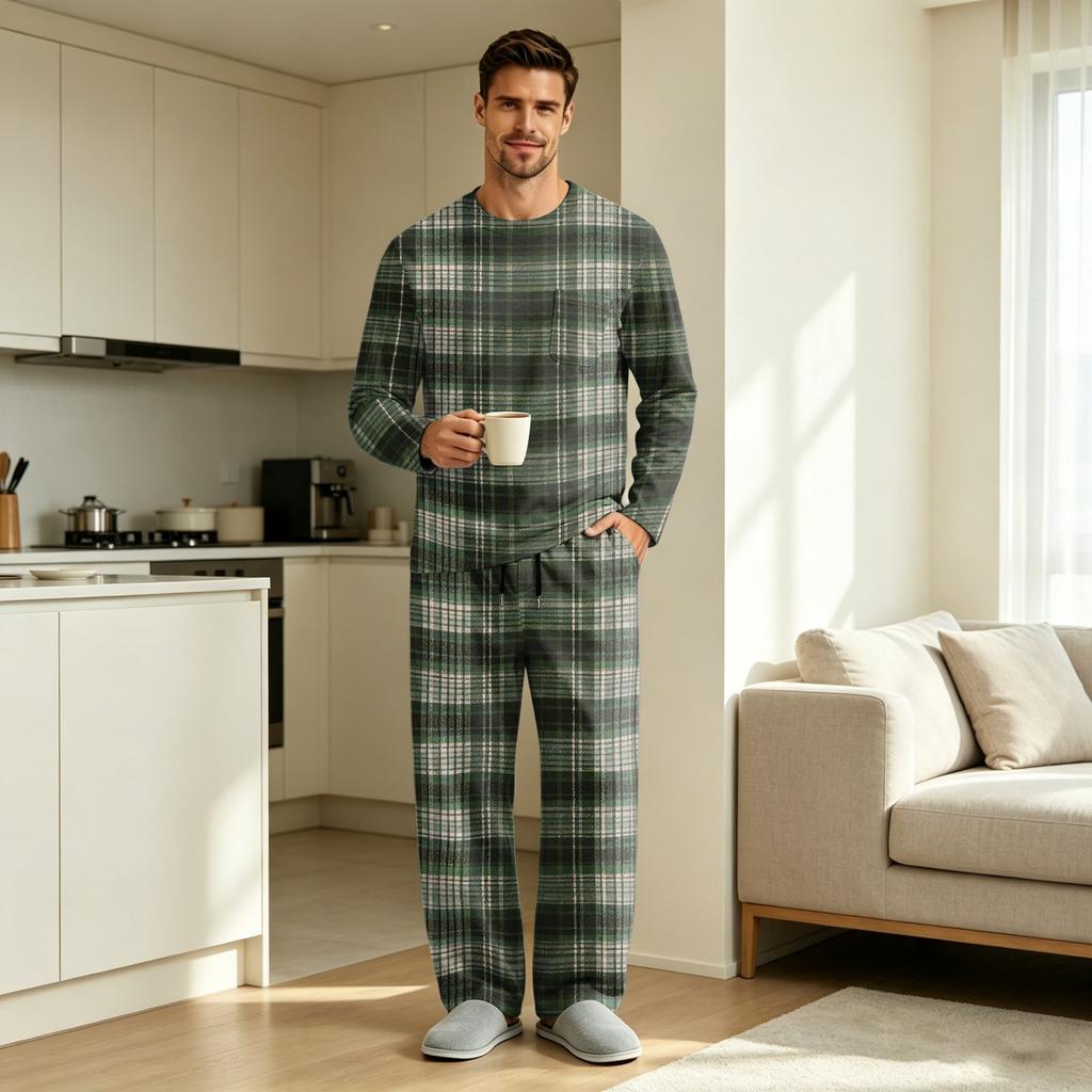 Men's Long Sleeve Pajama Set with Button Crotch and Elastic Drawstring Waist for Home Comfort