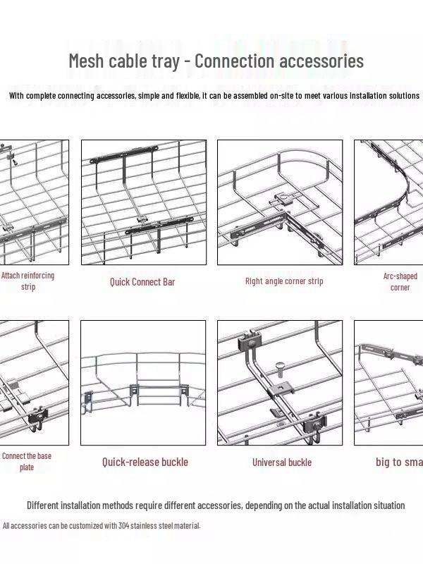 Grid Tray Accessories: Snap Screw, Straight Connector, Reinforcing Strip, Bend Connector, Cross Arm, Support Base, Lower Wiring Board