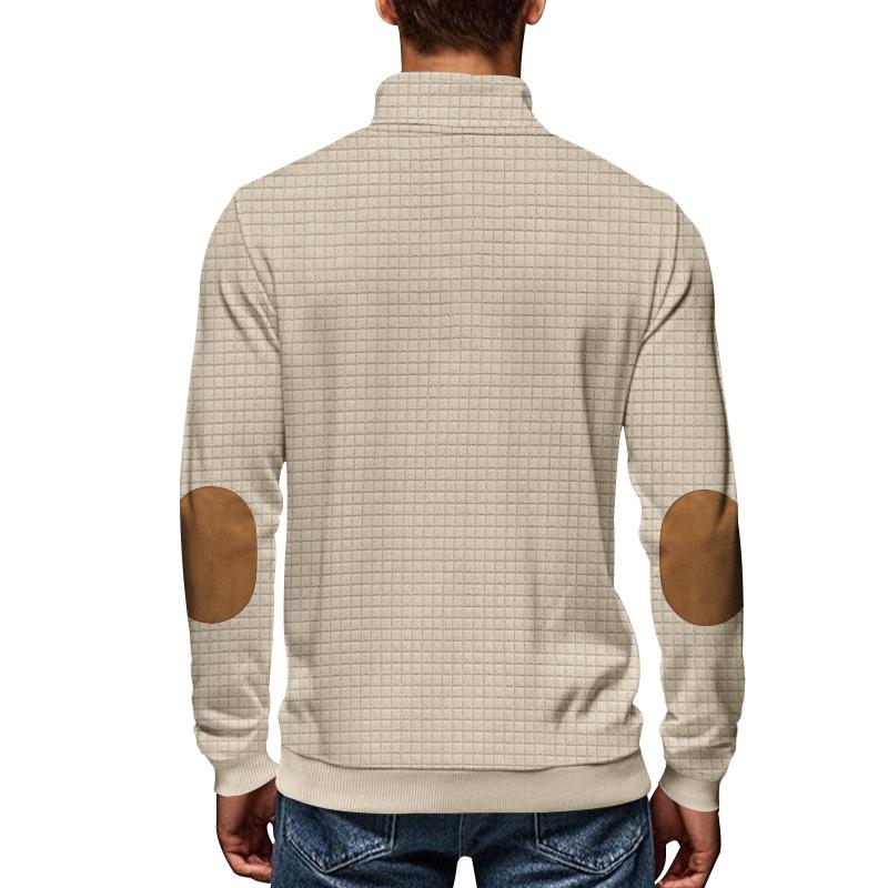 Fashionable Men's Casual Sweatshirt with Jacquard Small Check Embroidered Patchwork Stand Collar Loose-Fit Top