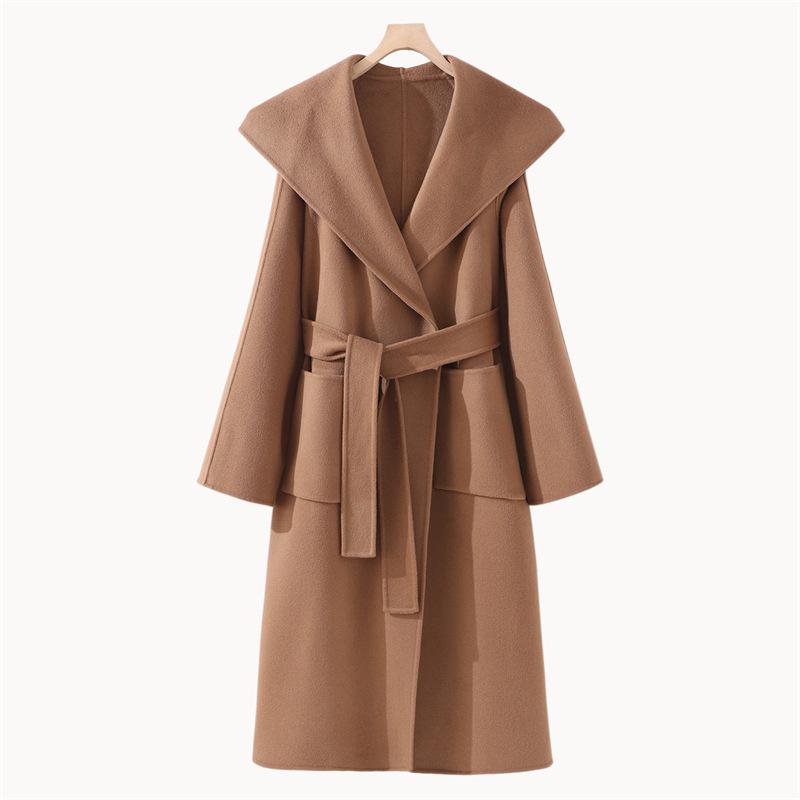 High-End Extra Long Double-Faced Wool Coat: Hooded, Tie-Waist, Light Luxury Casual Silhouette with Cashmere