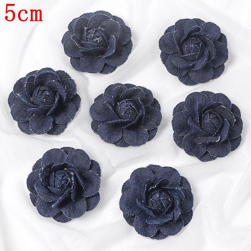 3/5Pcs 3.5/4.5/5/7/7.5CM Denim Artificial Blue Fabric Camellia Flower for Wedding Decor Women Handmade Cloth Corsage Accessory