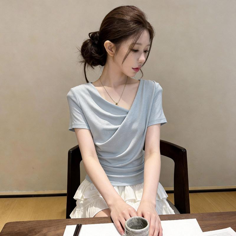Light and mature style Irregular short-sleeved women's summer temperament Swinging collar bottoming top Waist pleated Spice girl style T-shirt inside