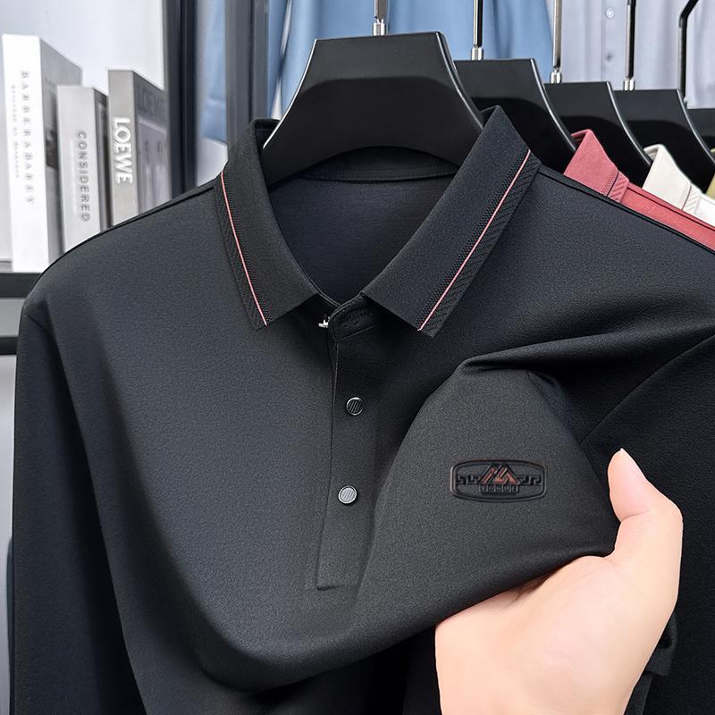 

Men s Polo Shirt Lapel Long-Sleeve T-Shirt Autumn Solid Color Print Business Versatile Leisure Menswear Top 4XL чорний