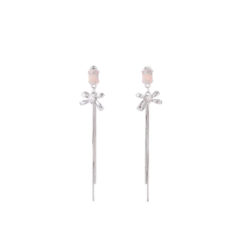 Tulip Flower Bow Long Tassel Diamond Stud Earrings Gentle Temperament Generous Earrings Sweet Earrings