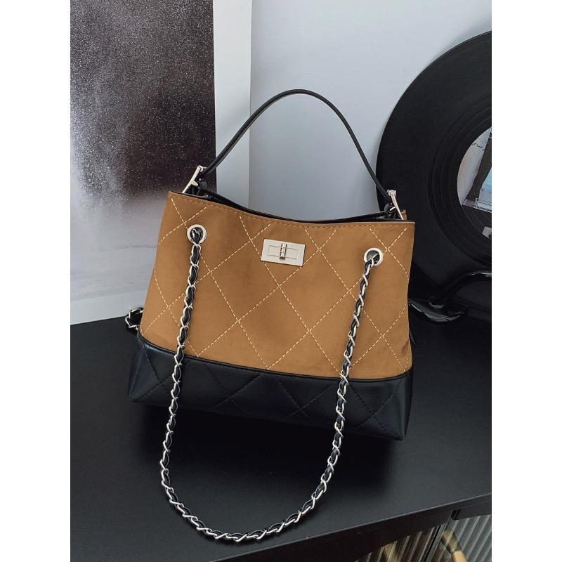 

Вместительная сумка-тоут для поездок в стиле ретро с контрастными цветами, новая универсальная сумка-багет с ромбовидным узором и цепочкой под мышкой хаки