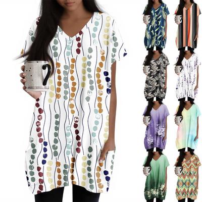 Womens Tops V-neck Short Sleeve Blouses Casual Mid-length Shirts Fashion Print Tunic Tops With Pockets