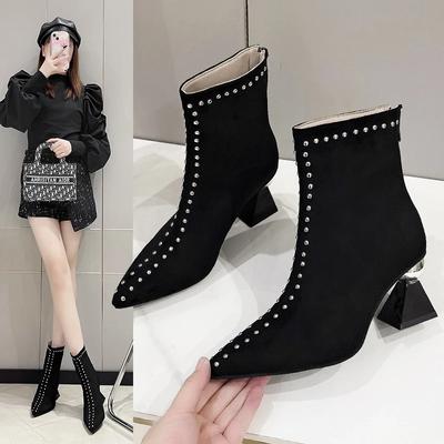 Zapatos de Moda para Mujer 2024 Moda Coreana Botines de Mujer Sexy Punta Afilada Tacones Cuadrados Moda Casual Otoño Invierno Tacones Altos