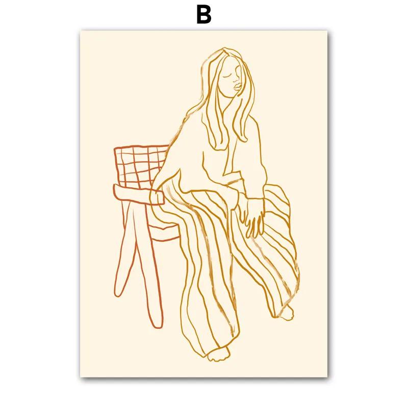 Abstrakte Minimalistische Mode Sexy Mädchen Kaffee Blume Wand Kunst Leinwand Malerei Linie Poster Und Druck Wohnzimmer Hause Dekoration