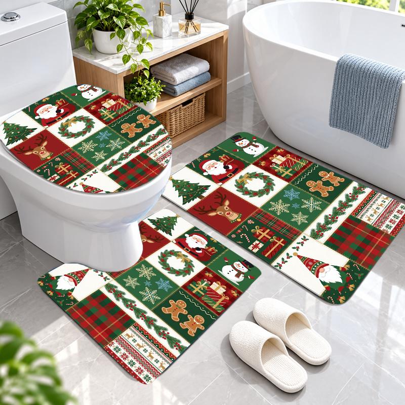 3Pcs Flannel Toilet Mat Set Christmas Bathroom Rug Bath Carpet Non Slip Home Decor