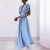 Women Prom Dress Flying Sleeve Ruffles Low-cut Deep V Neck Pleated Dress Up Floor Length High Waist Evening Dress Cocktail Dance Clothes