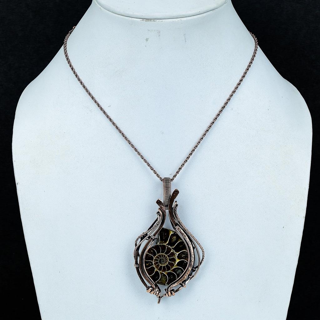 Ammonite Fossil 999 Copper Wire Wrapped Pendant, Handmade Gemstone Jewelry Pendant For Memorial Day