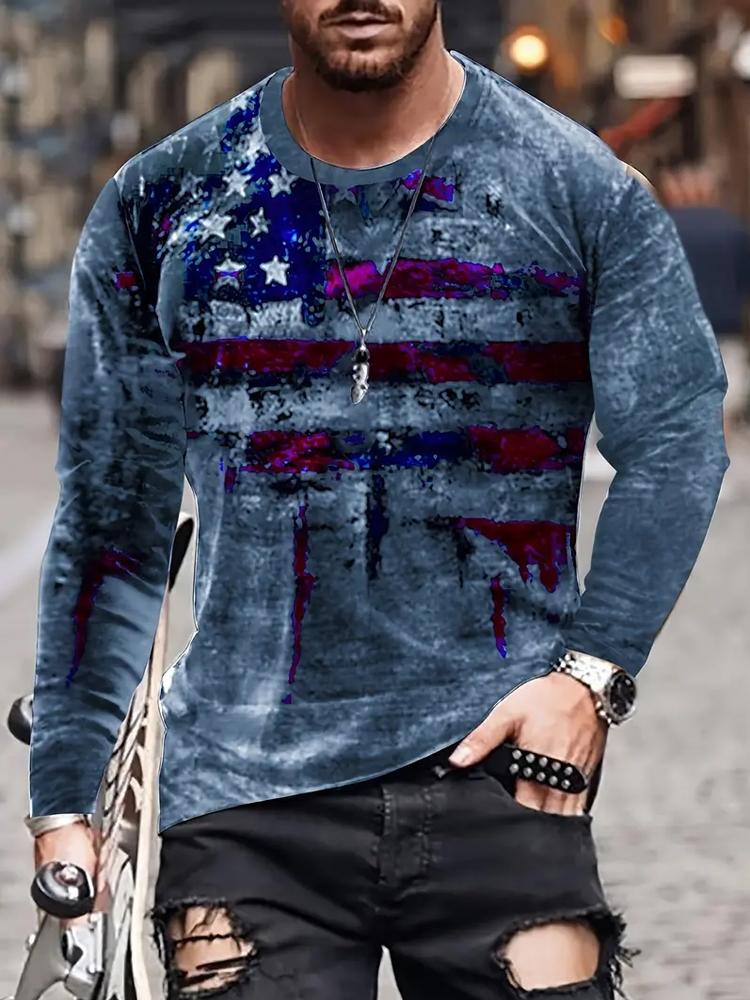 Vintage Casual 3D Faded Flag Tee for Men Stylish Long Sleeve Slight Stretch All-Season Comfort & Durability