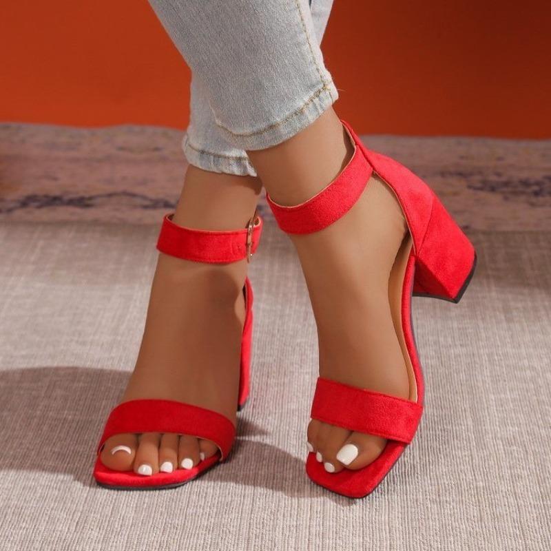 

Fashion Cow Suede Block Heel Sandals Summer New Square Toe Open Toe One Line with Metal Buckle Anti-slip Wear-resistant High Heels 43
