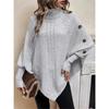 Women's Winter High Collar Asymmetric Hem Cape Sweater, Button Decoration Bat Sleeve Fried Dough Twists Weave Texture