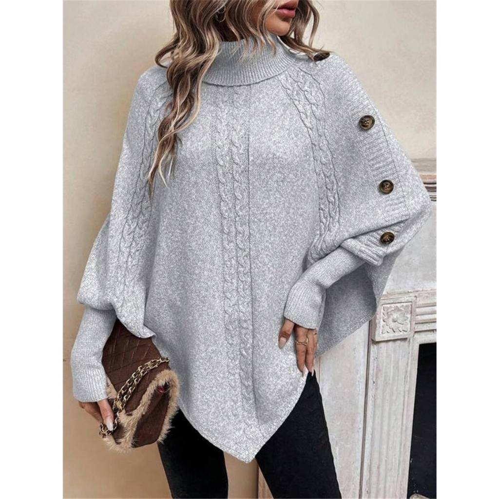 Women's Winter High Collar Asymmetric Hem Cape Sweater, Button Decoration Bat Sleeve Fried Dough Twists Weave Texture