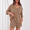 Women's Two Piece Lounge Outfit Set V Neck Half Sleeve Solid Tops and Pocket Shorts
