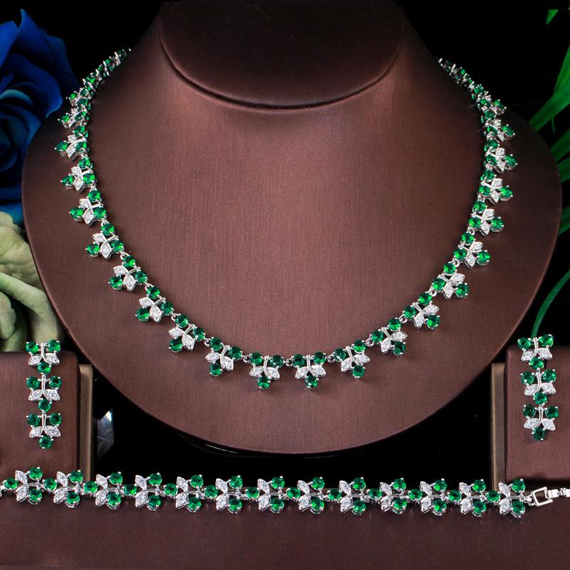 

CMM Великолепный блестящий кубический цирконий в форме листа, ожерелье, серьги, браслет, наборы ювелирных изделий изумрудный
