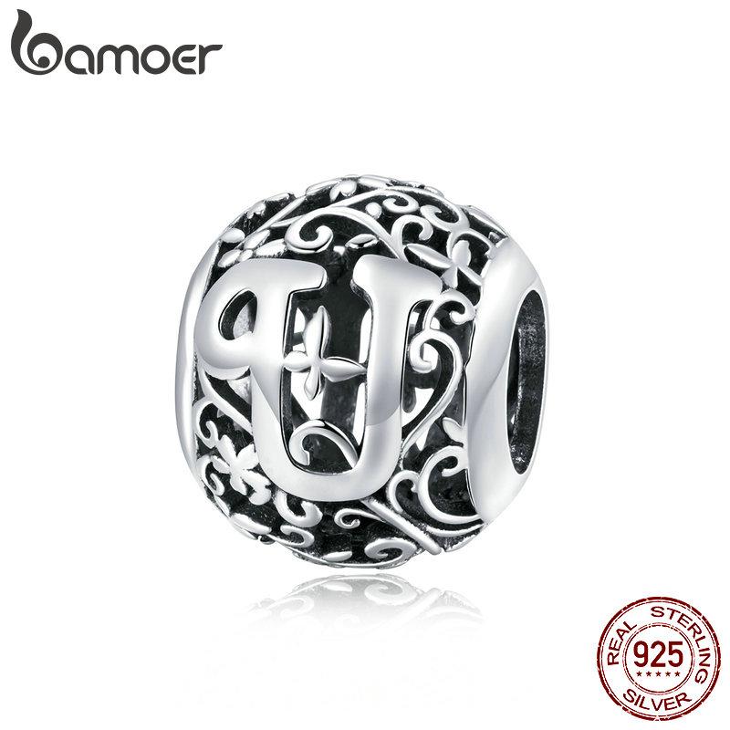 BAMOER 925 Silver Retro Letter Charms Hollowed Alphabet A-Z Round Beads for Women Bracelet DIY Jewelry Making