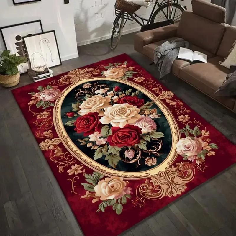 Covor Floral Bujor cu Bază Roșie și Bordură Aurie Ornată, Covor de Podea Durabil pentru Living, Dormitor, Decor Elegant pentru Casă
